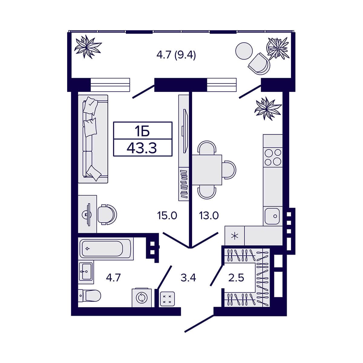 1-комнатная, 43.3 м², № 107 в LUNA (ЛУНА)