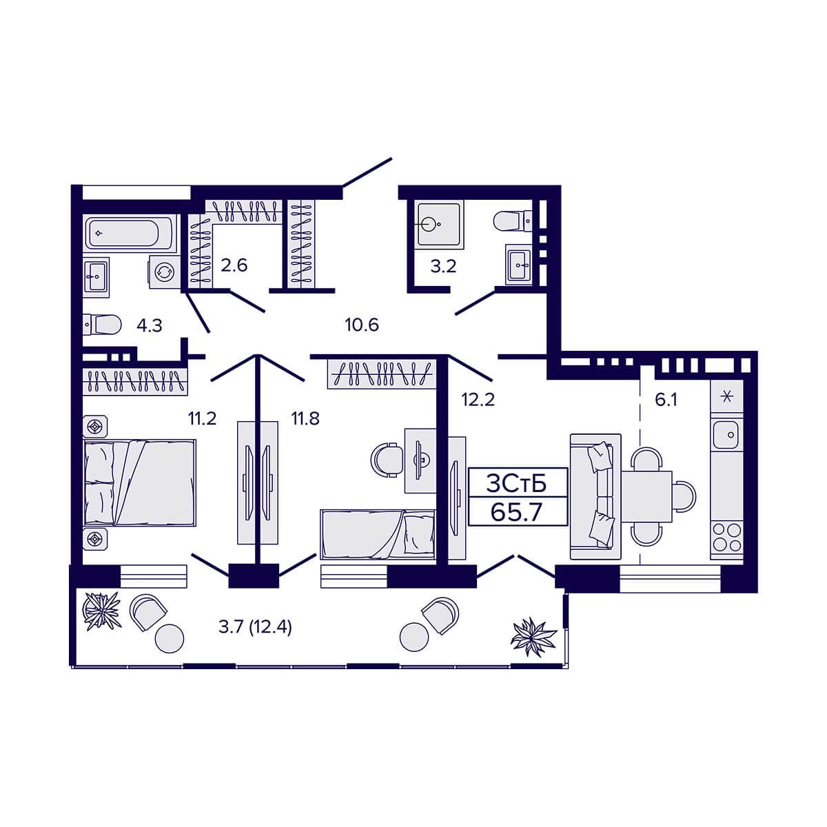 3-комнатная, 65.7 м², № 89 в LUNA (ЛУНА)