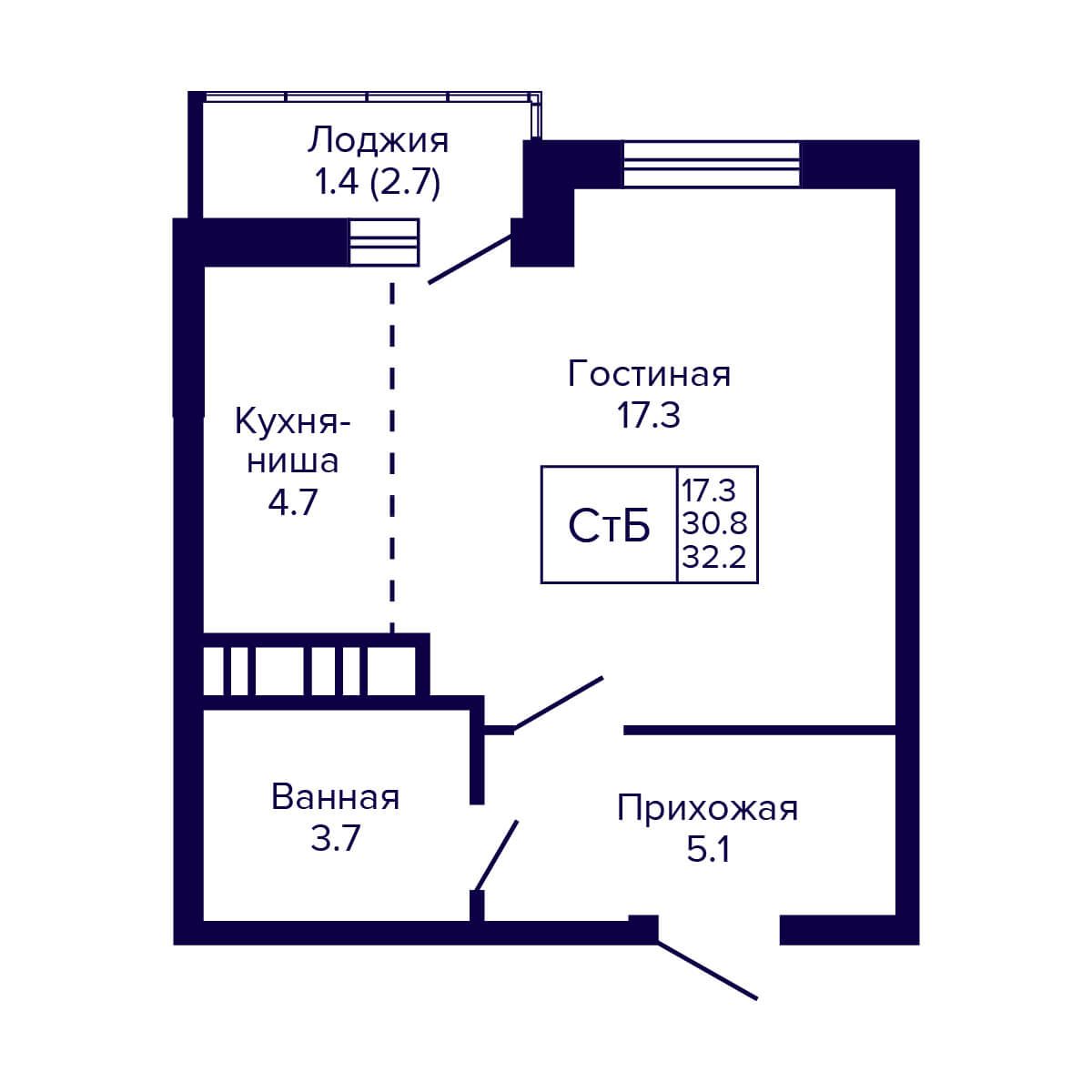 Студия, 32.1 м², № 466 в Новые Матрёшки