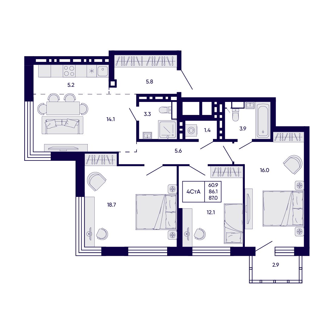 4-комнатная, 87 м², № 423 в Citatum (Цитатум)