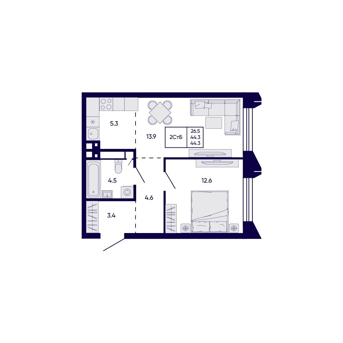 2-комнатная, 44.3 м², № 226 в Citatum (Цитатум)