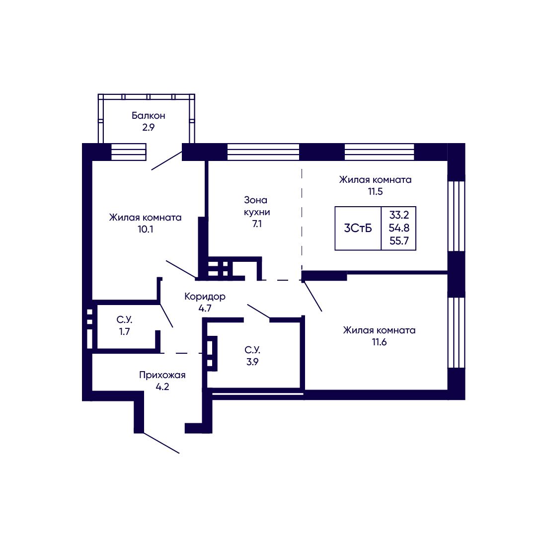 3-комнатная, 55.7 м², № 50 в Citatum (Цитатум)
