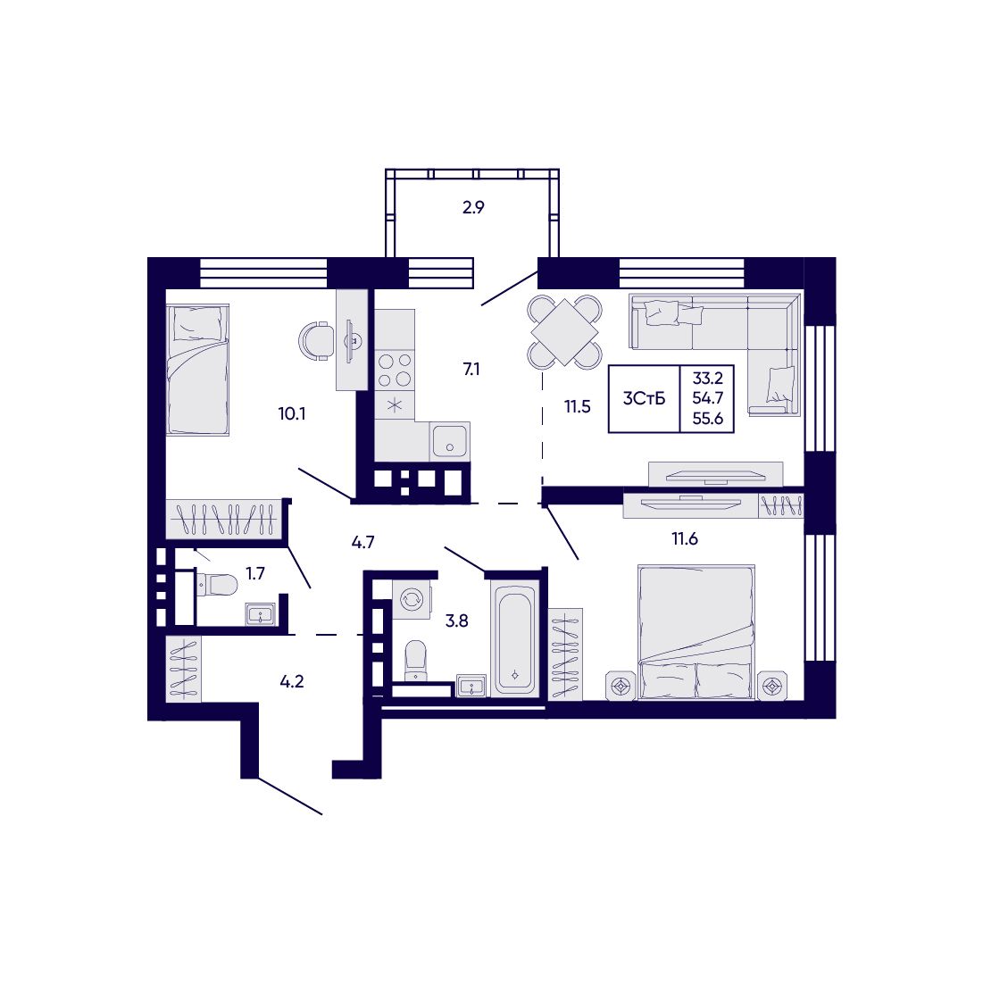 3-комнатная, 55.6 м², № 158 в Citatum (Цитатум)