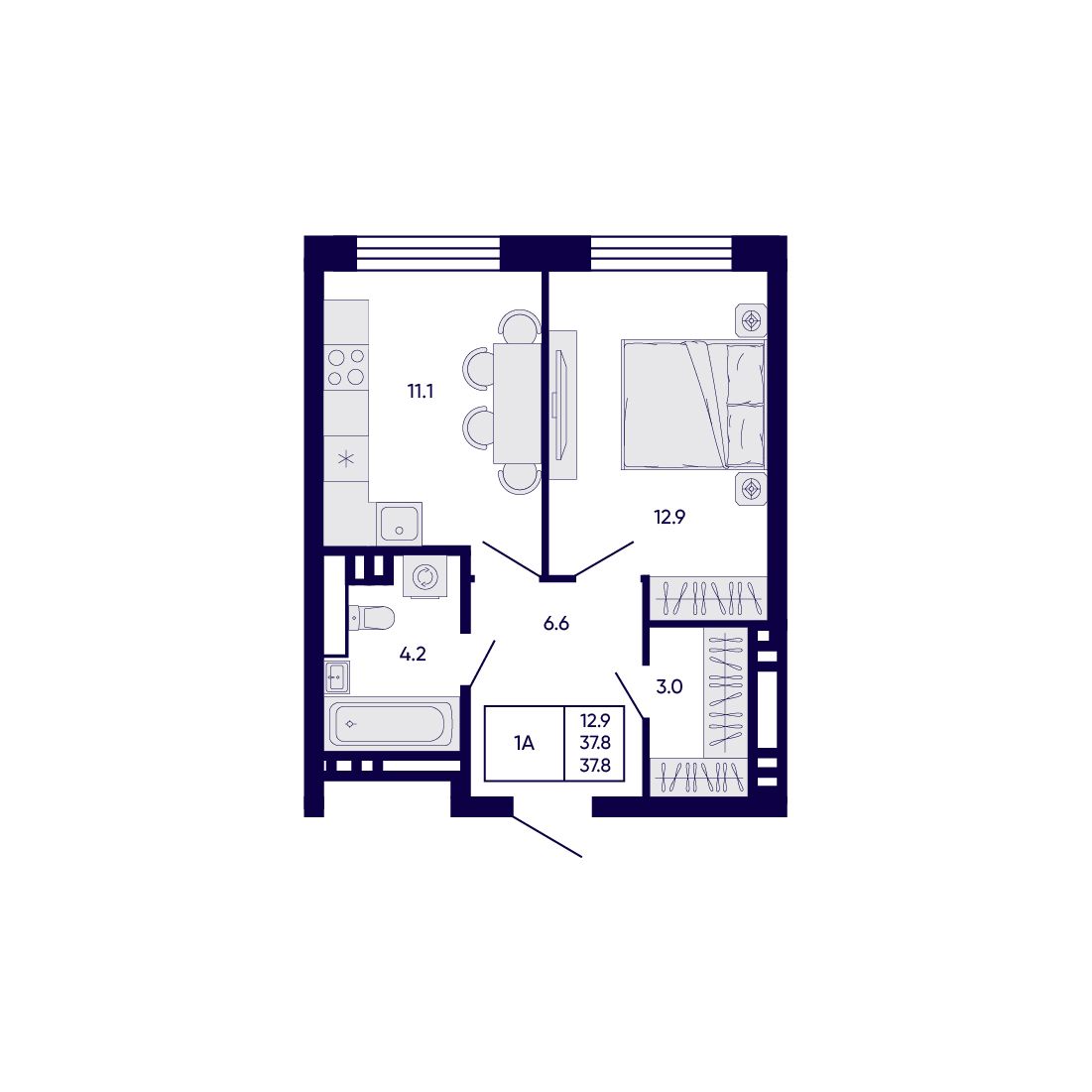 1-комнатная, 37.8 м², № 12 в Citatum (Цитатум)