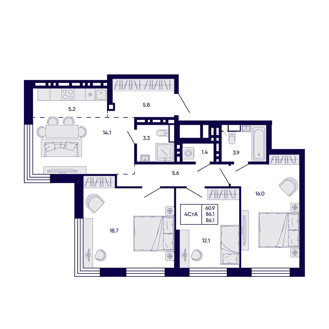 4-комнатная, 86.1 м², № 432 в Citatum (Цитатум)