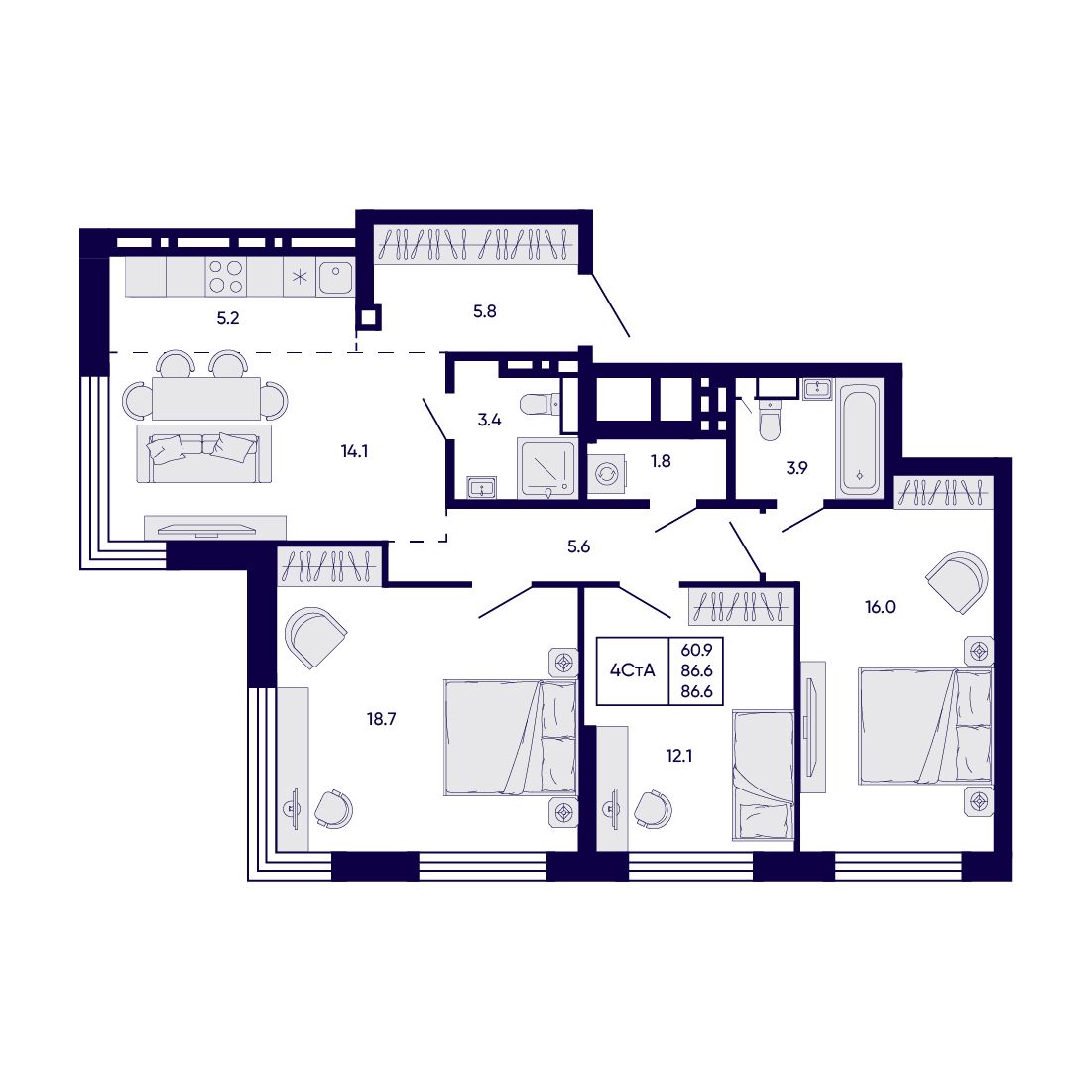 4-комнатная, 86.6 м², № 324 в Citatum (Цитатум)