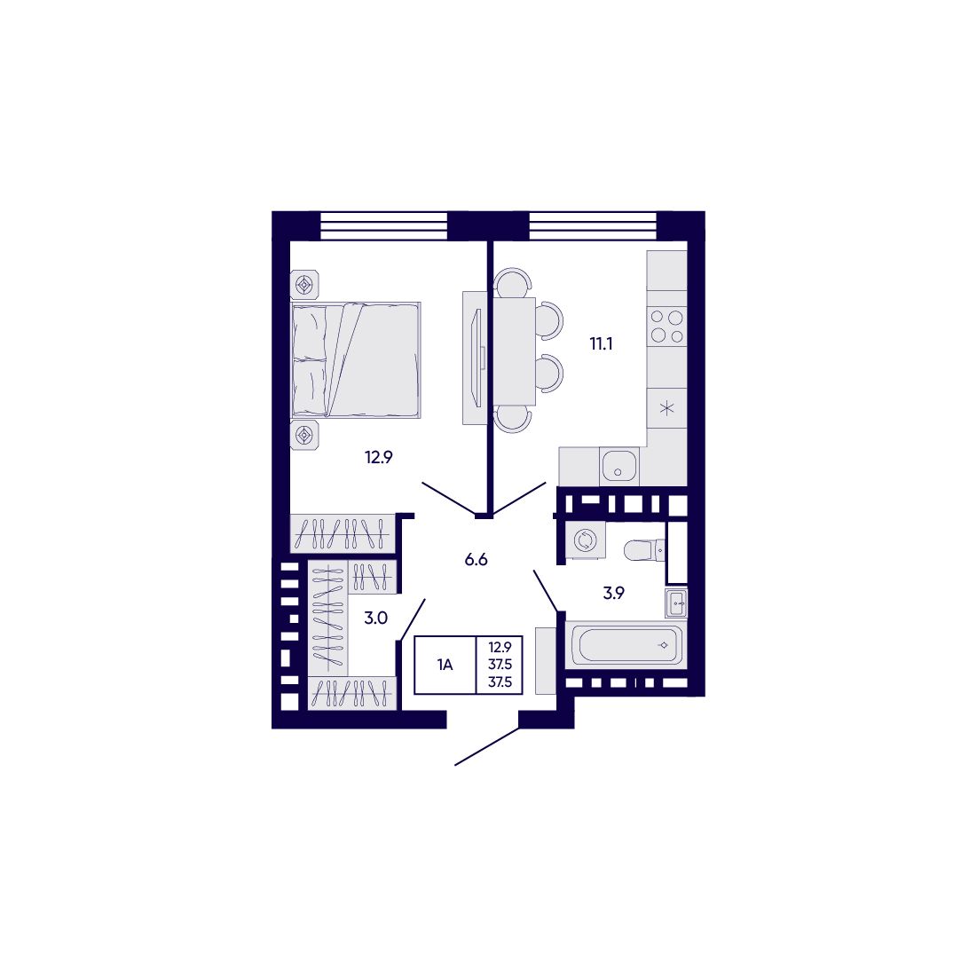 1-комнатная, 37.5 м², № 355 в Citatum (Цитатум)