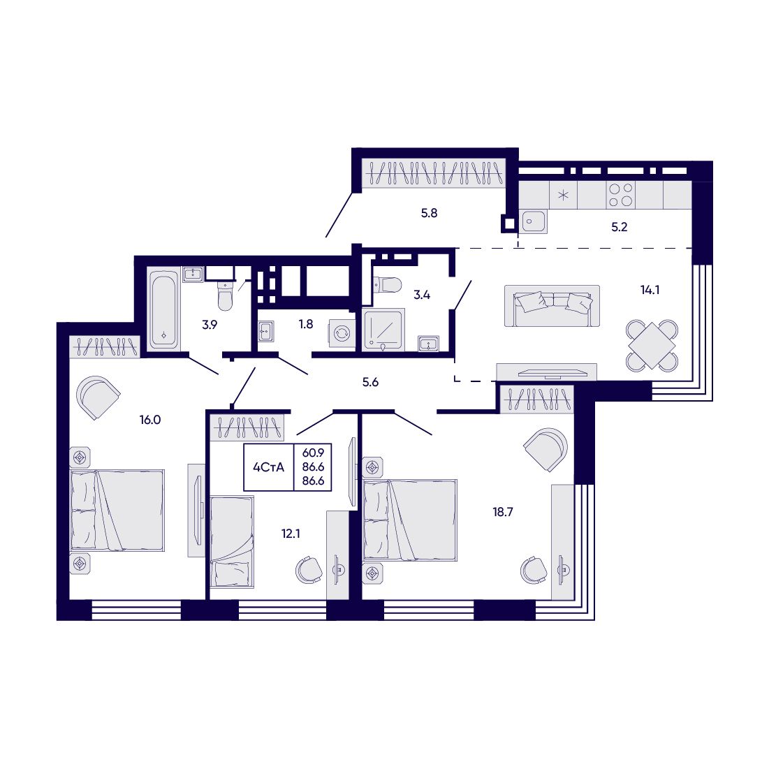 4-комнатная, 86.6 м², № 79 в Citatum (Цитатум)