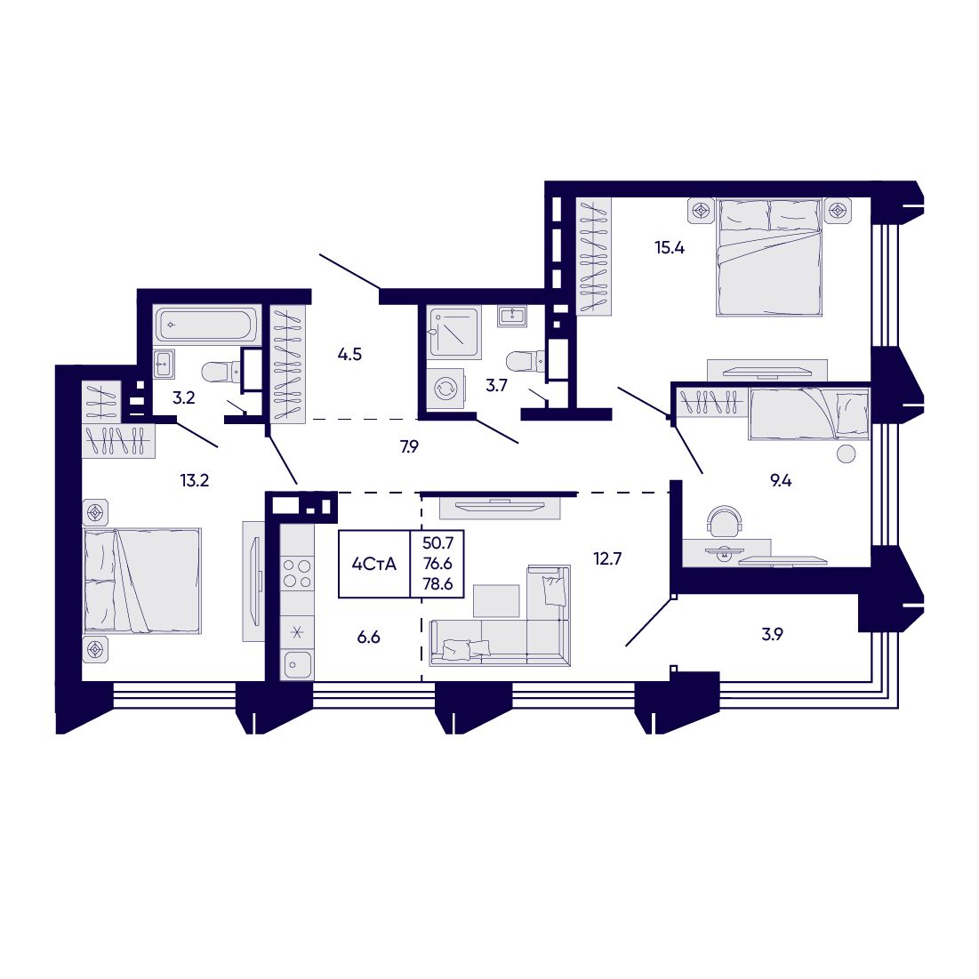 4-комнатная, 78.6 м², № 220 в Citatum (Цитатум)