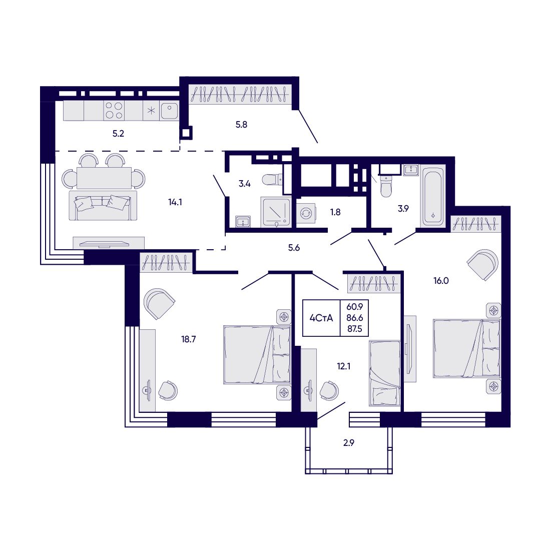 4-комнатная, 87.5 м², № 315 в Citatum (Цитатум)