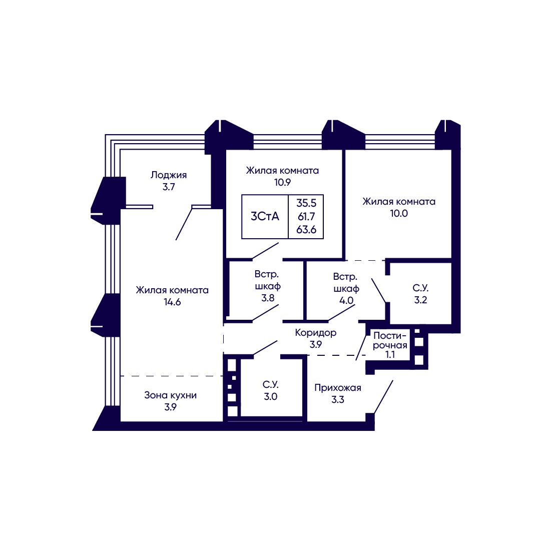 3-комнатная, 63.6 м², № 237 в Citatum (Цитатум)