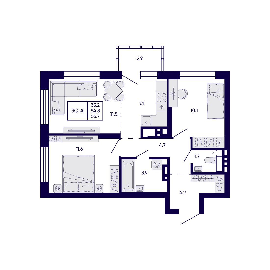 3-комнатная, 55.7 м², № 335 в Citatum (Цитатум)