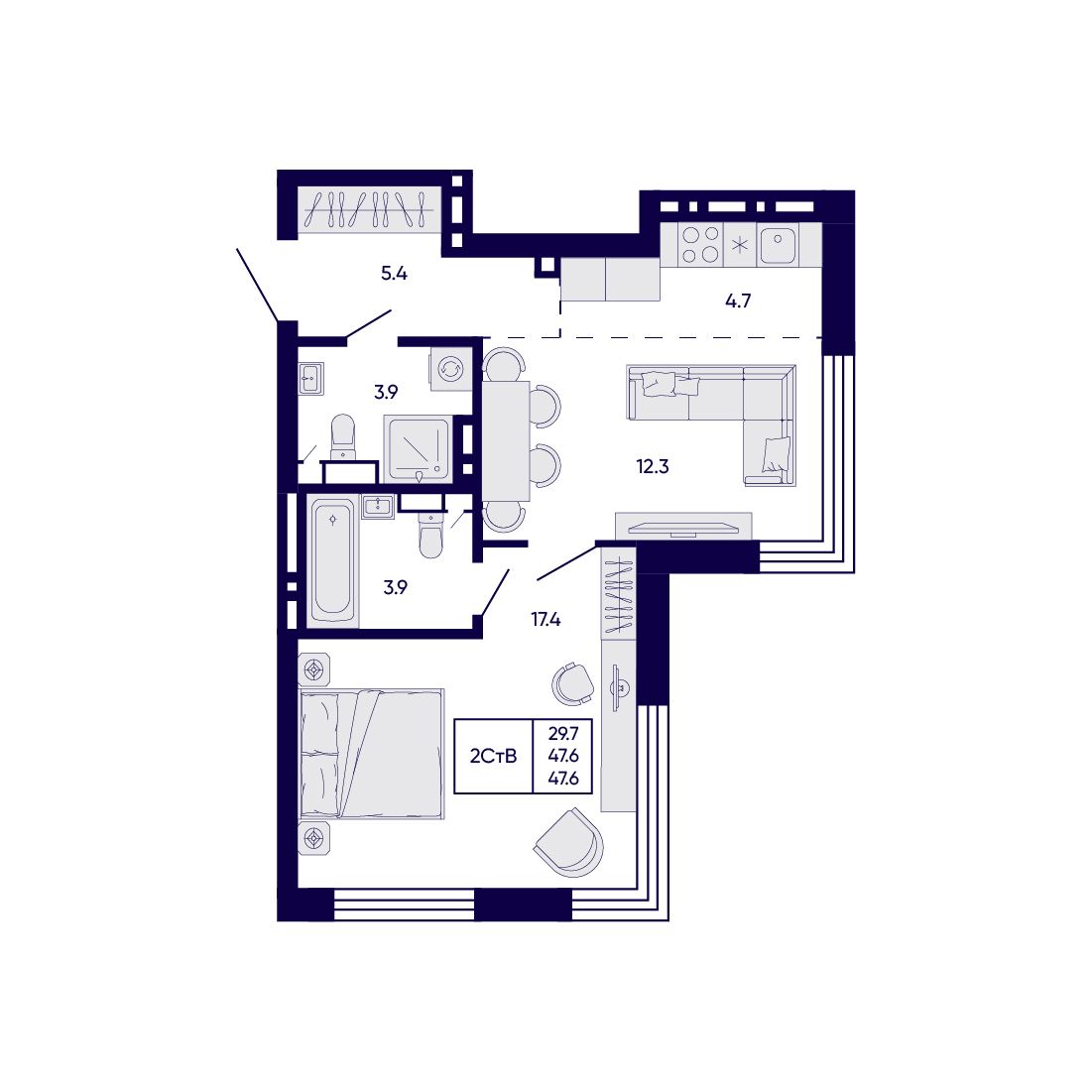 2-комнатная, 47.6 м², № 313 в Citatum (Цитатум)