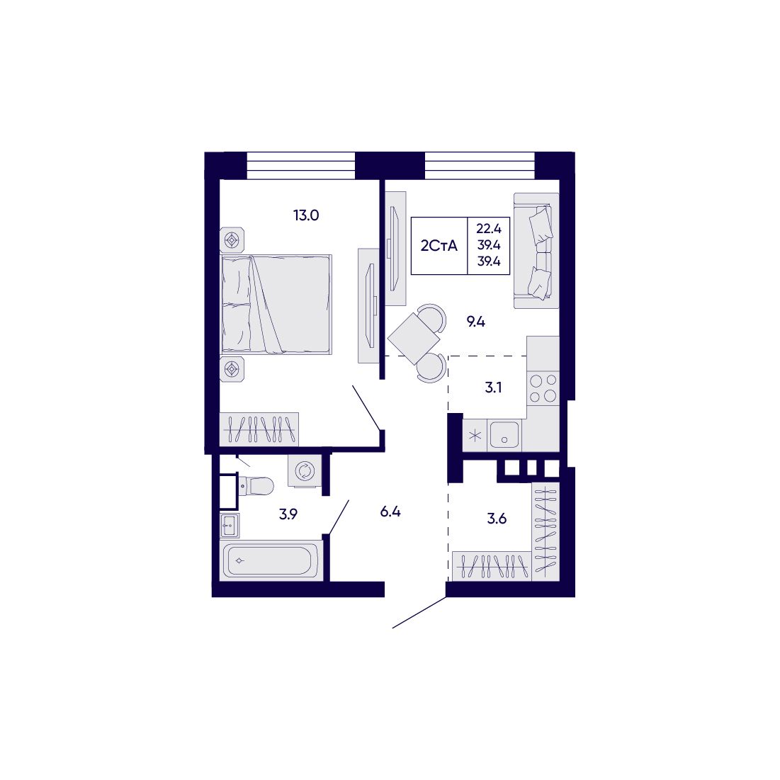 2-комнатная, 39.4 м², № 67 в Citatum (Цитатум)