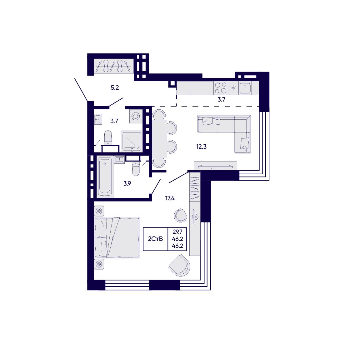 2-комнатная, 46.2 м², № 430 в Citatum (Цитатум)