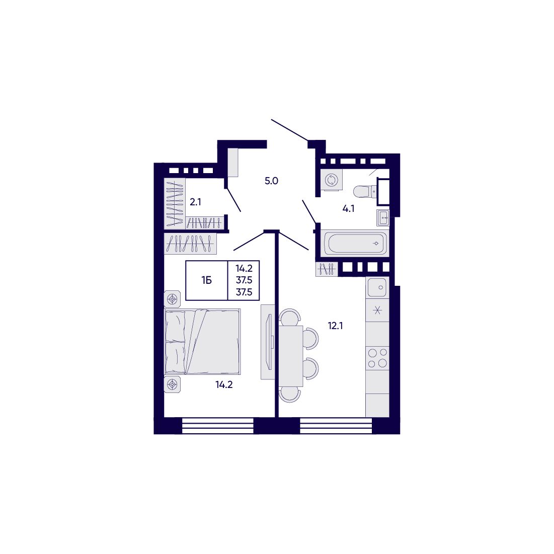 1-комнатная, 37.5 м², № 431 в Citatum (Цитатум)