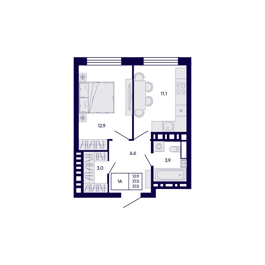 1-комнатная, 37.5 м², № 427 в Citatum (Цитатум)