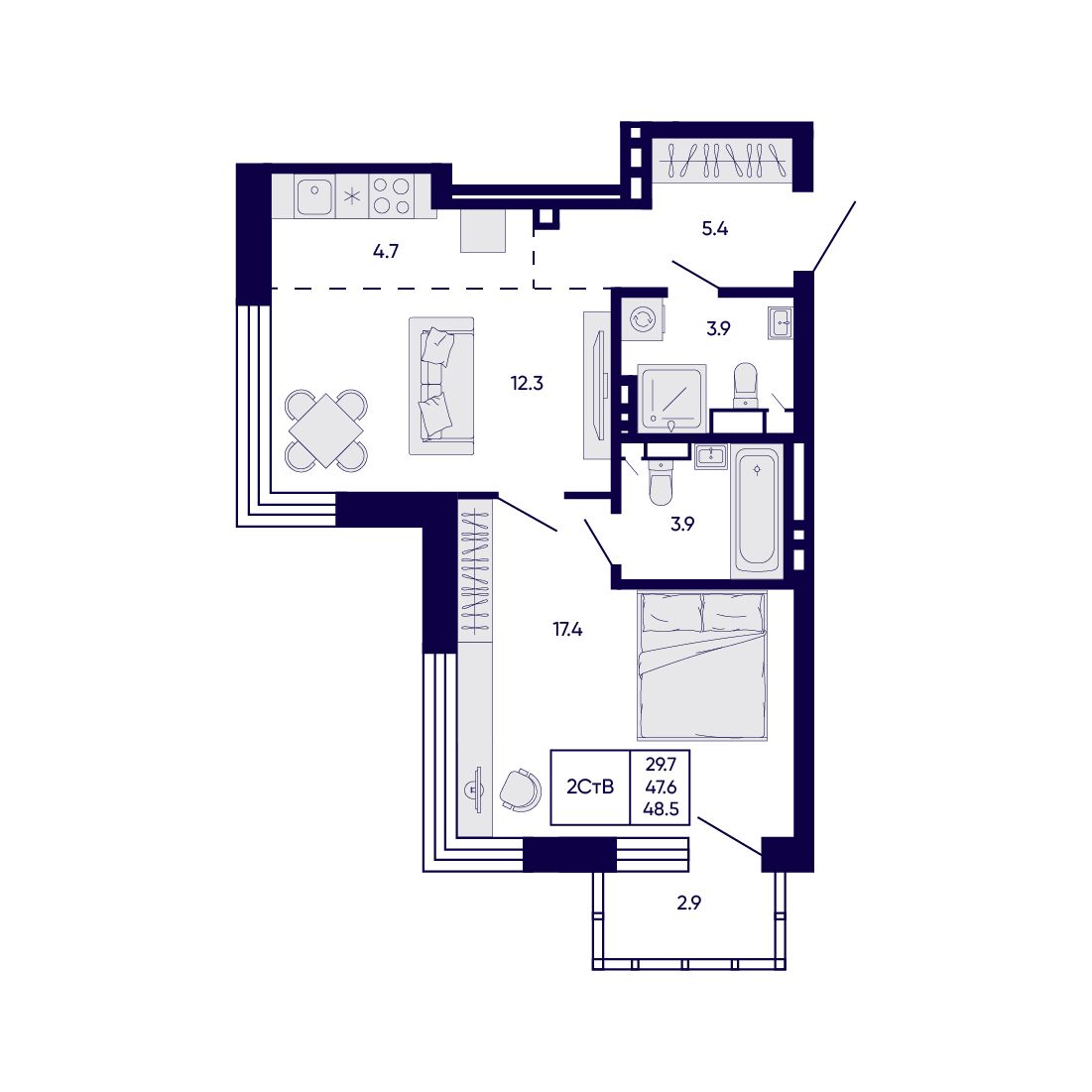 2-комнатная, 48.5 м², № 36 в Citatum (Цитатум)