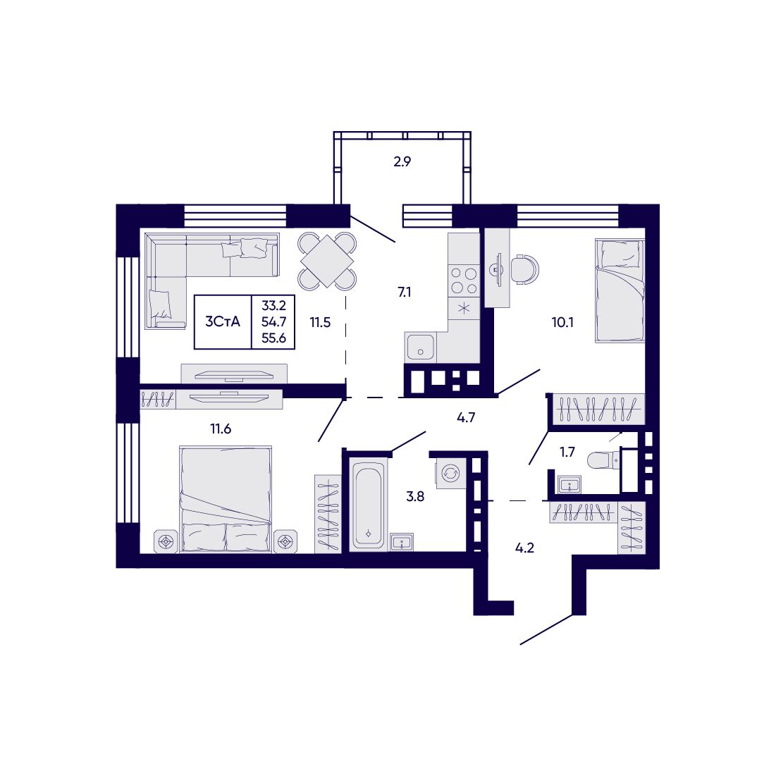3-комнатная, 55.6 м², № 416 в Citatum (Цитатум)