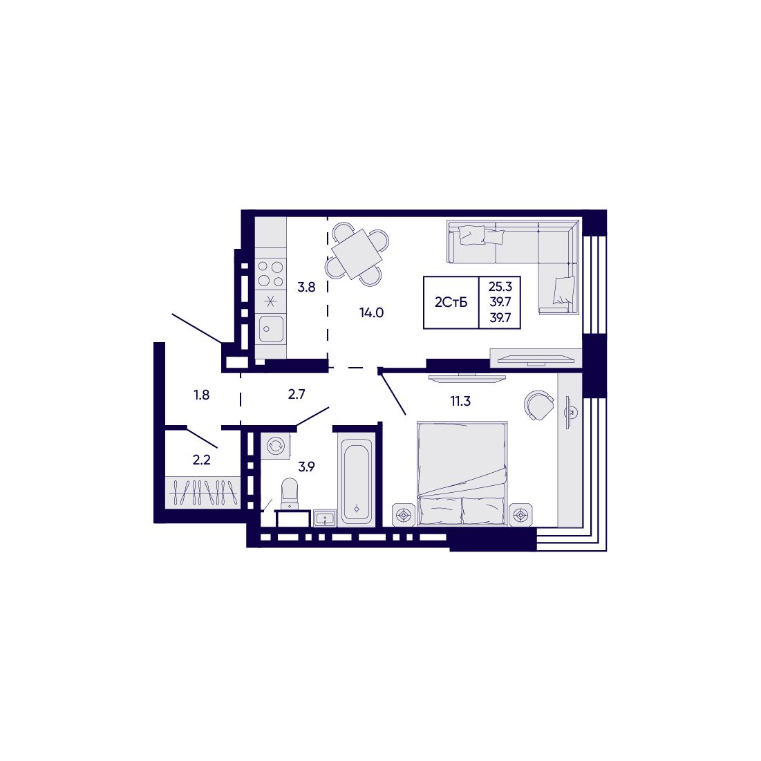 2-комнатная, 39.7 м², № 168 в Citatum (Цитатум)