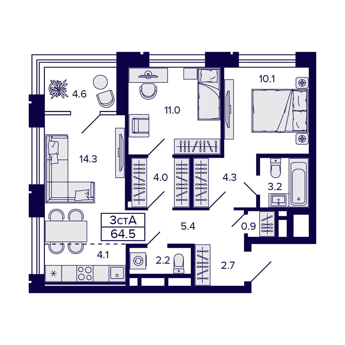 3-комнатная, 64.5 м², № 195 в Citatum (Цитатум)