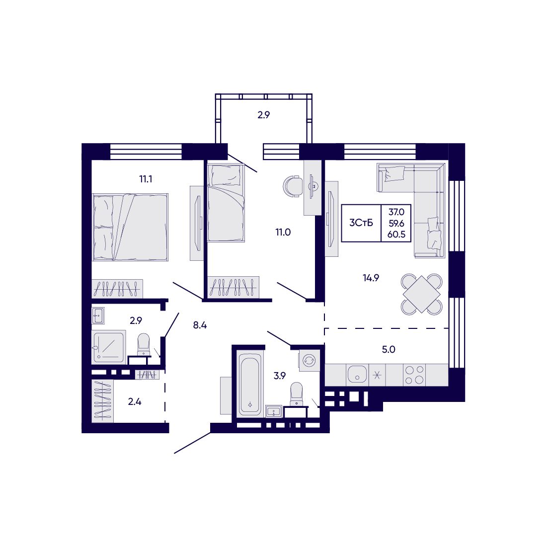 3-комнатная, 60.5 м², № 383 в Citatum (Цитатум)