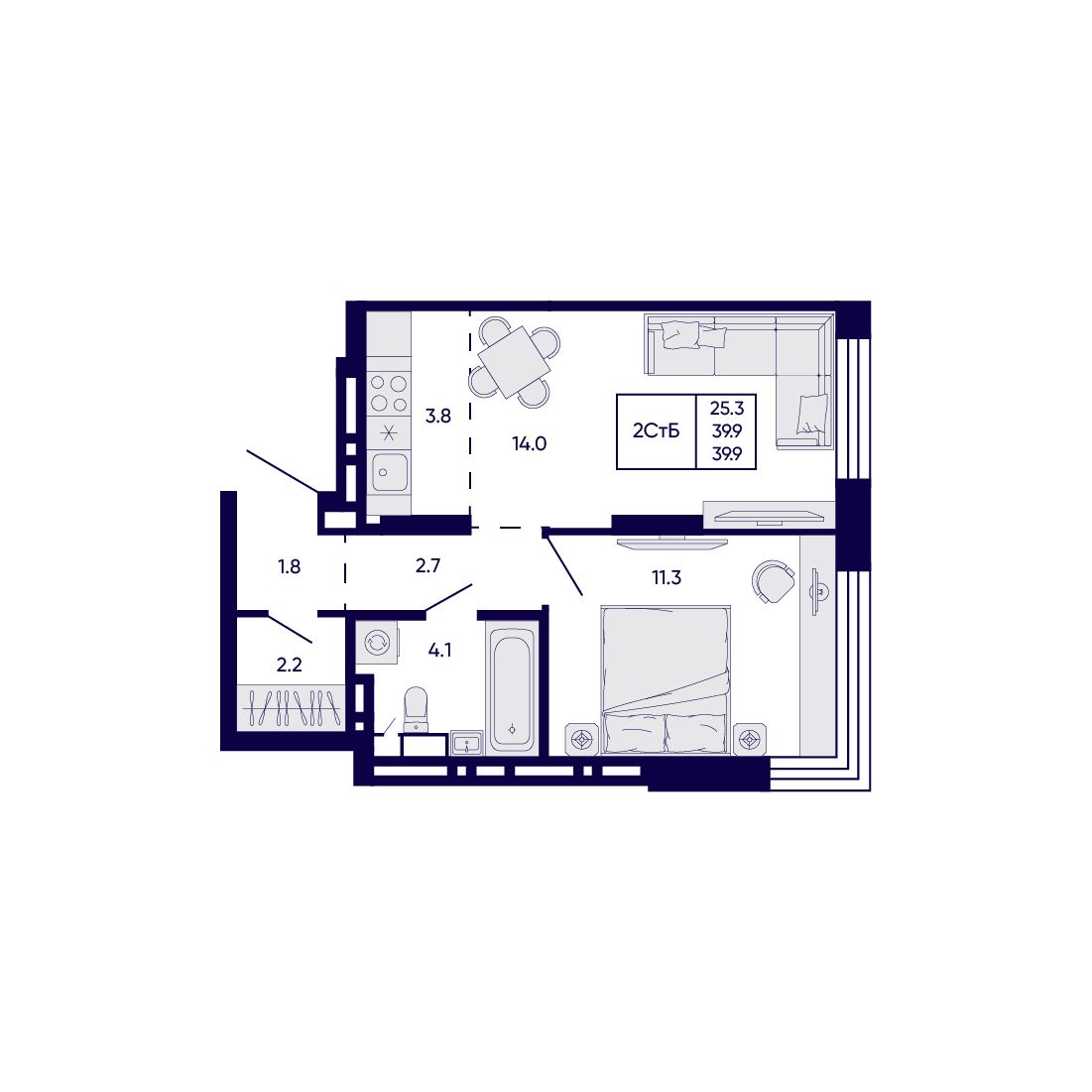 2-комнатная, 39.9 м², № 87 в Citatum (Цитатум)
