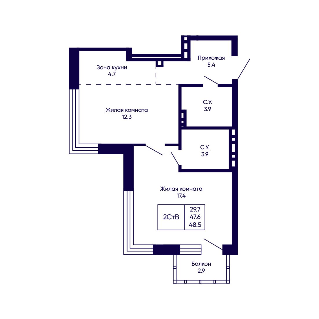 2-комнатная, 48.5 м², № 36 в Citatum (Цитатум)