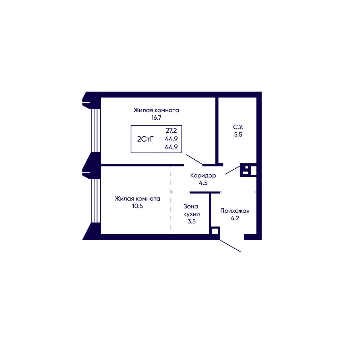 2-комнатная, 44.9 м², № 222 в Citatum (Цитатум)