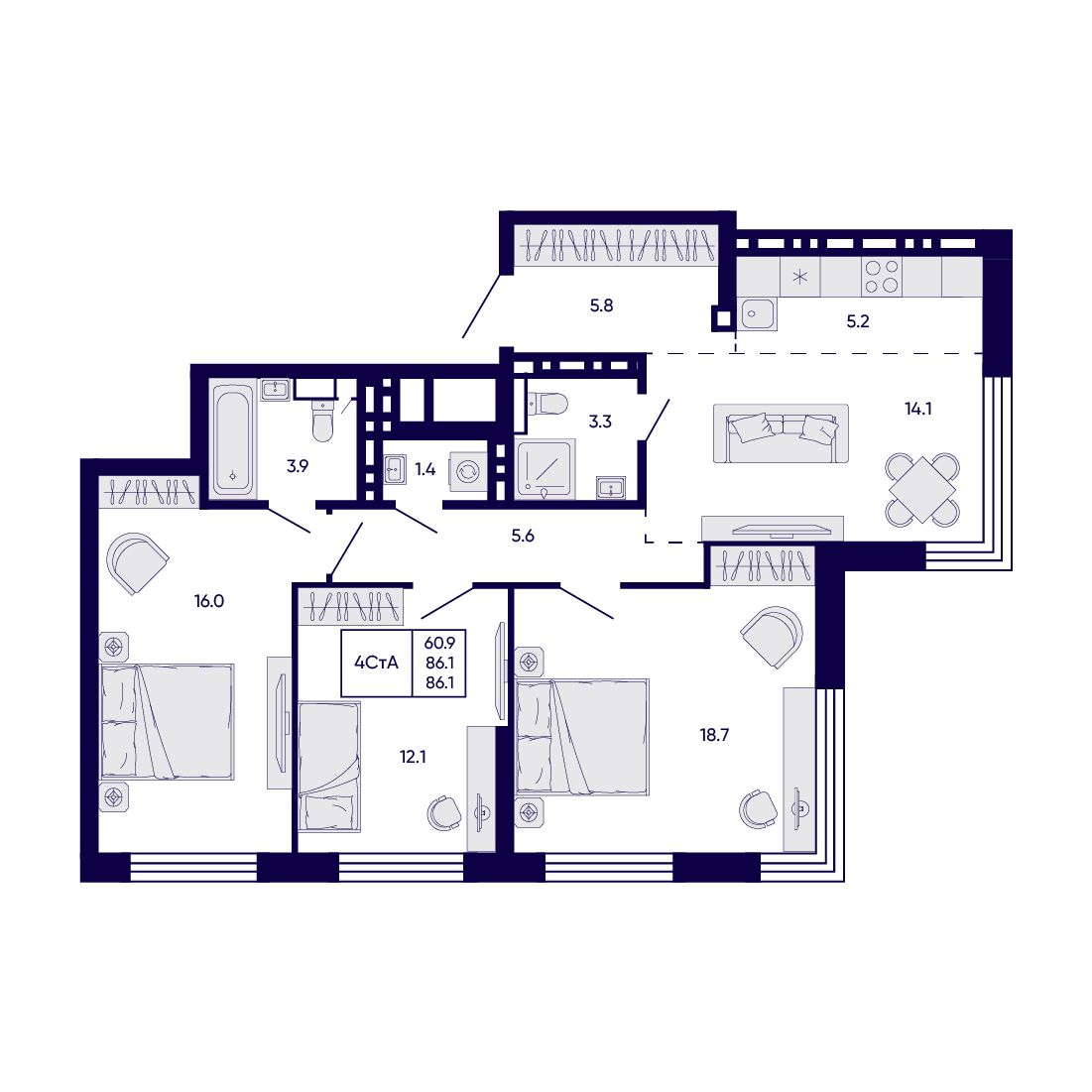 4-комнатная, 86.1 м², № 151 в Citatum (Цитатум)