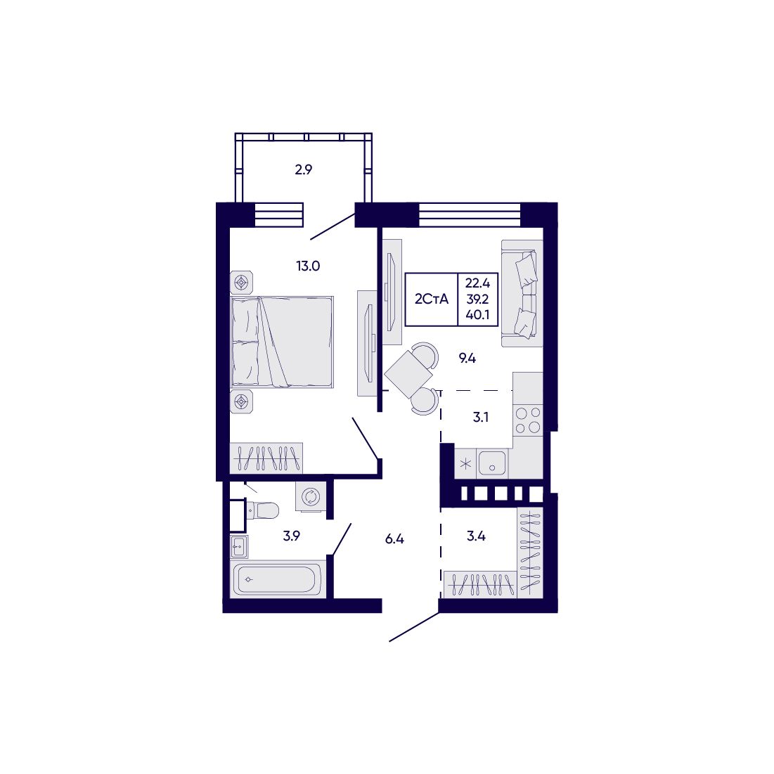 2-комнатная, 40.1 м², № 175 в Citatum (Цитатум)