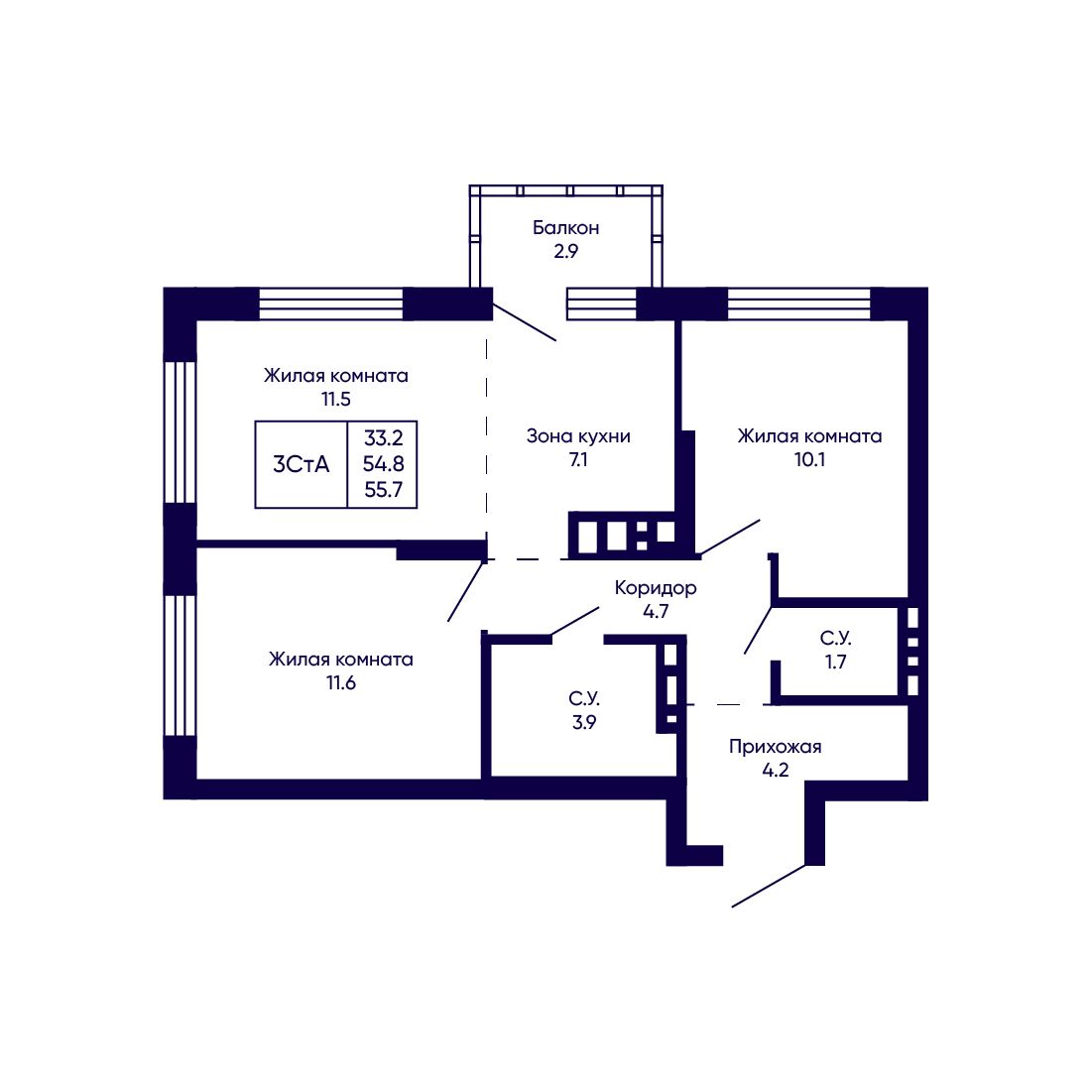 3-комнатная, 55.7 м², № 335 в Citatum (Цитатум)