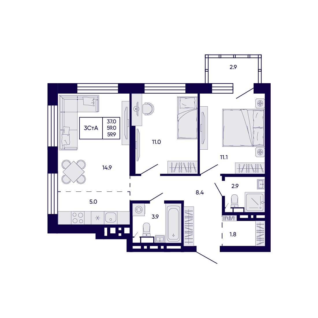 3-комнатная, 59.9 м², № 173 в Citatum (Цитатум)