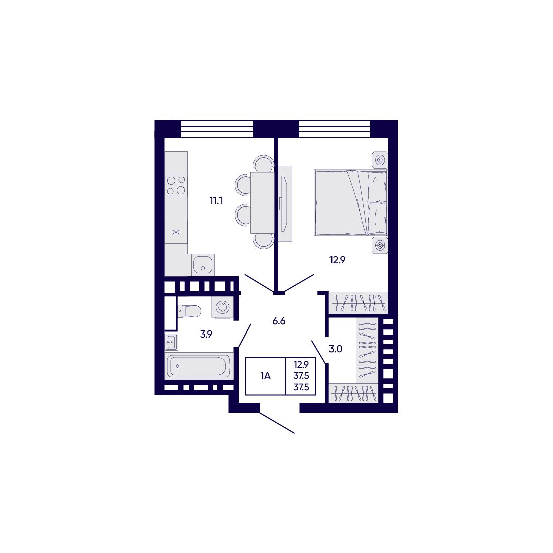 1-комнатная, 37.5 м², № 165 в Citatum (Цитатум)