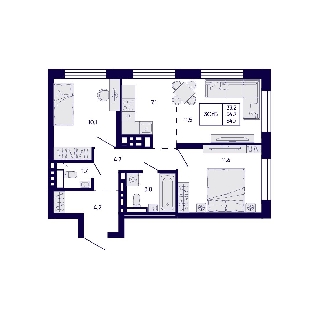 3-комнатная, 54.7 м², № 113 в Citatum (Цитатум)