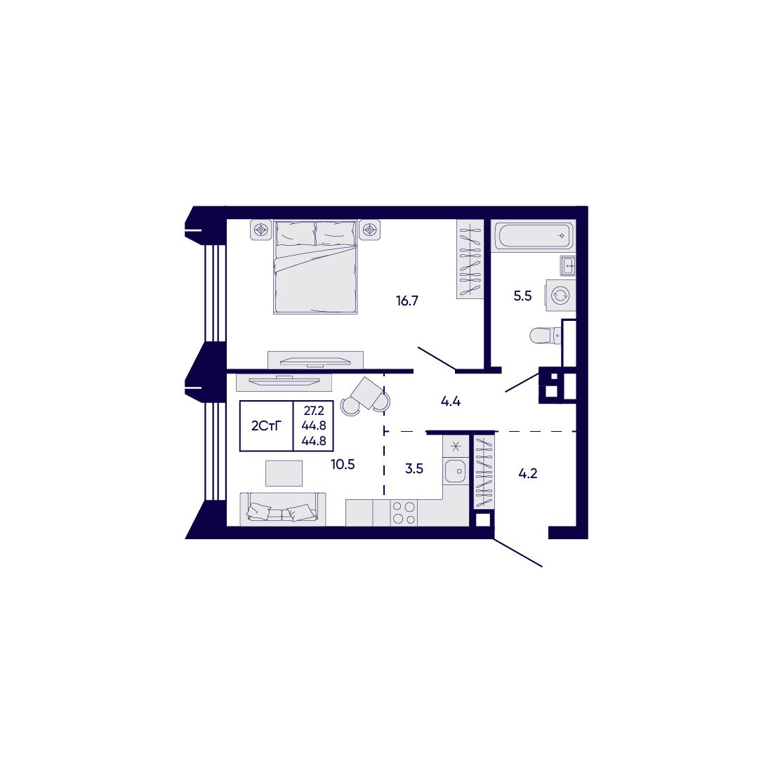 2-комнатная, 44.8 м², № 236 в Citatum (Цитатум)