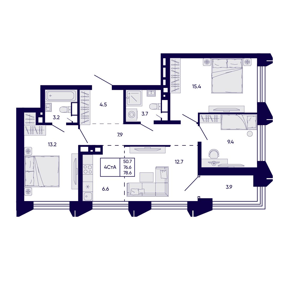 4-комнатная, 78.6 м², № 234 в Citatum (Цитатум)