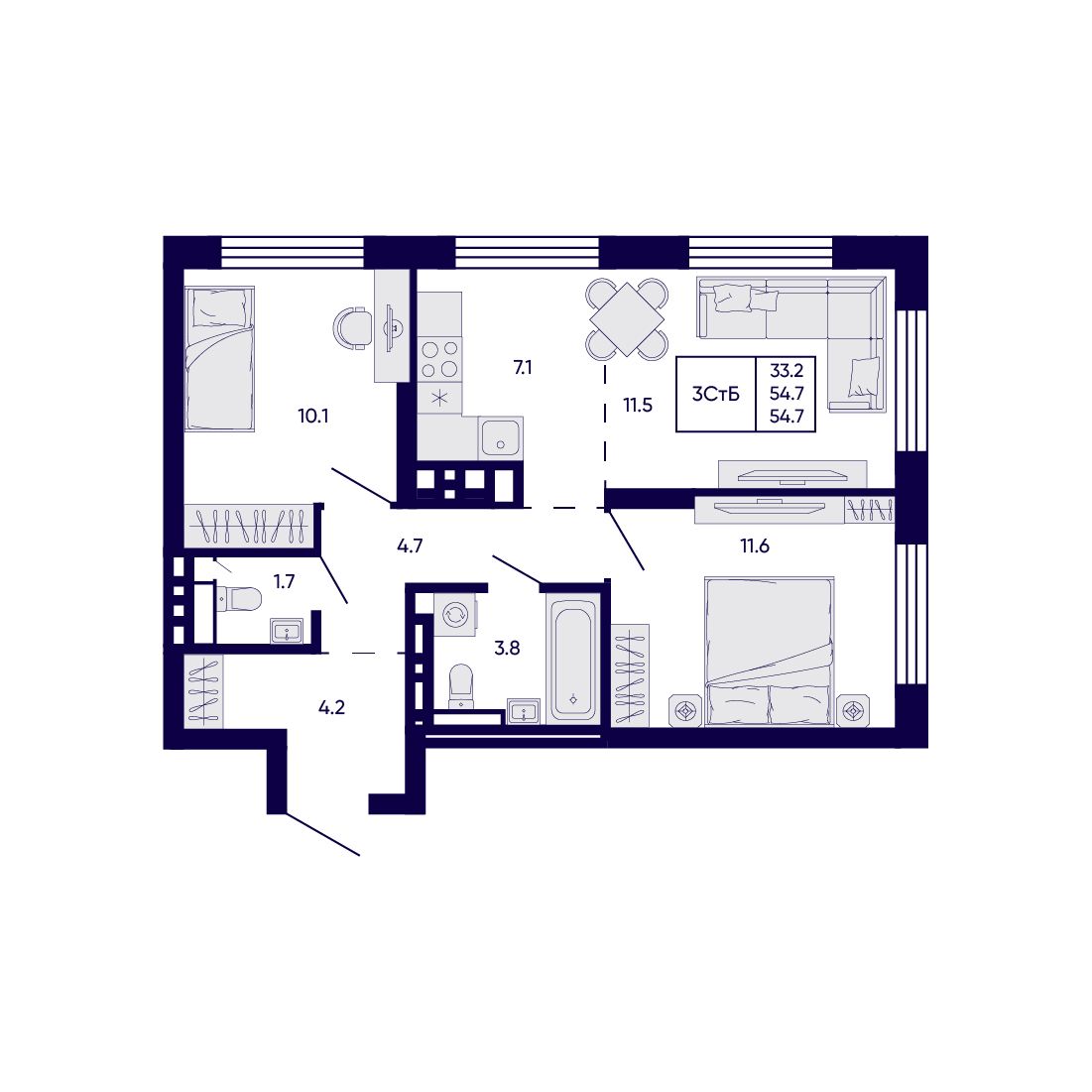 3-комнатная, 54.7 м², № 149 в Citatum (Цитатум)