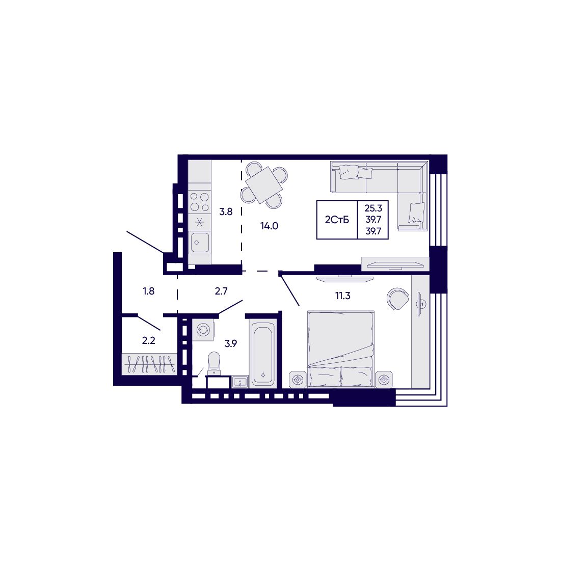 2-комнатная, 39.7 м², № 132 в Citatum (Цитатум)