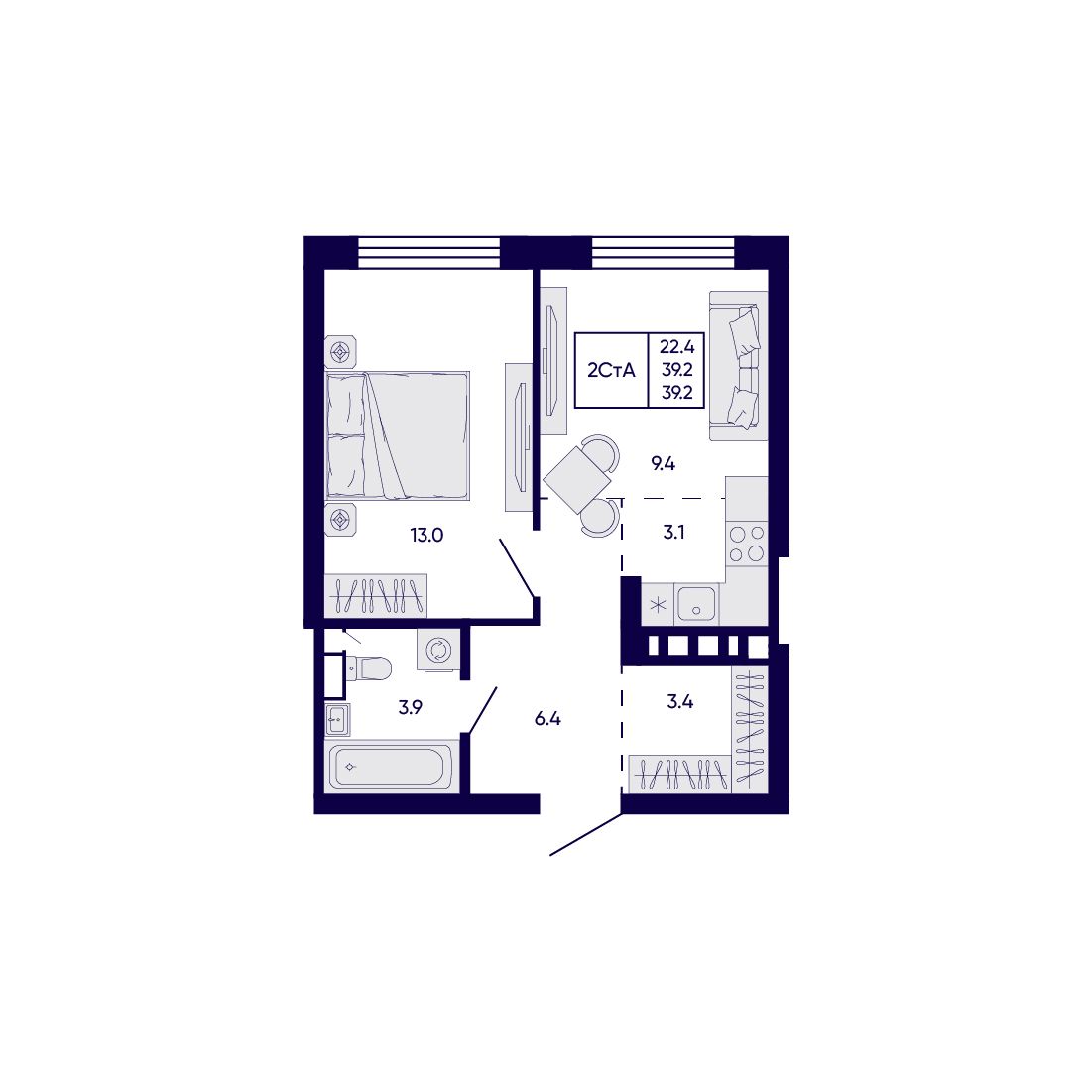 2-комнатная, 39.2 м², № 184 в Citatum (Цитатум)