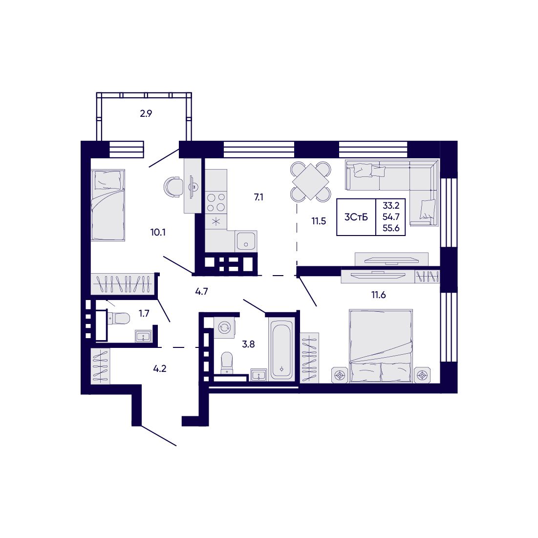3-комнатная, 55.6 м², № 140 в Citatum (Цитатум)