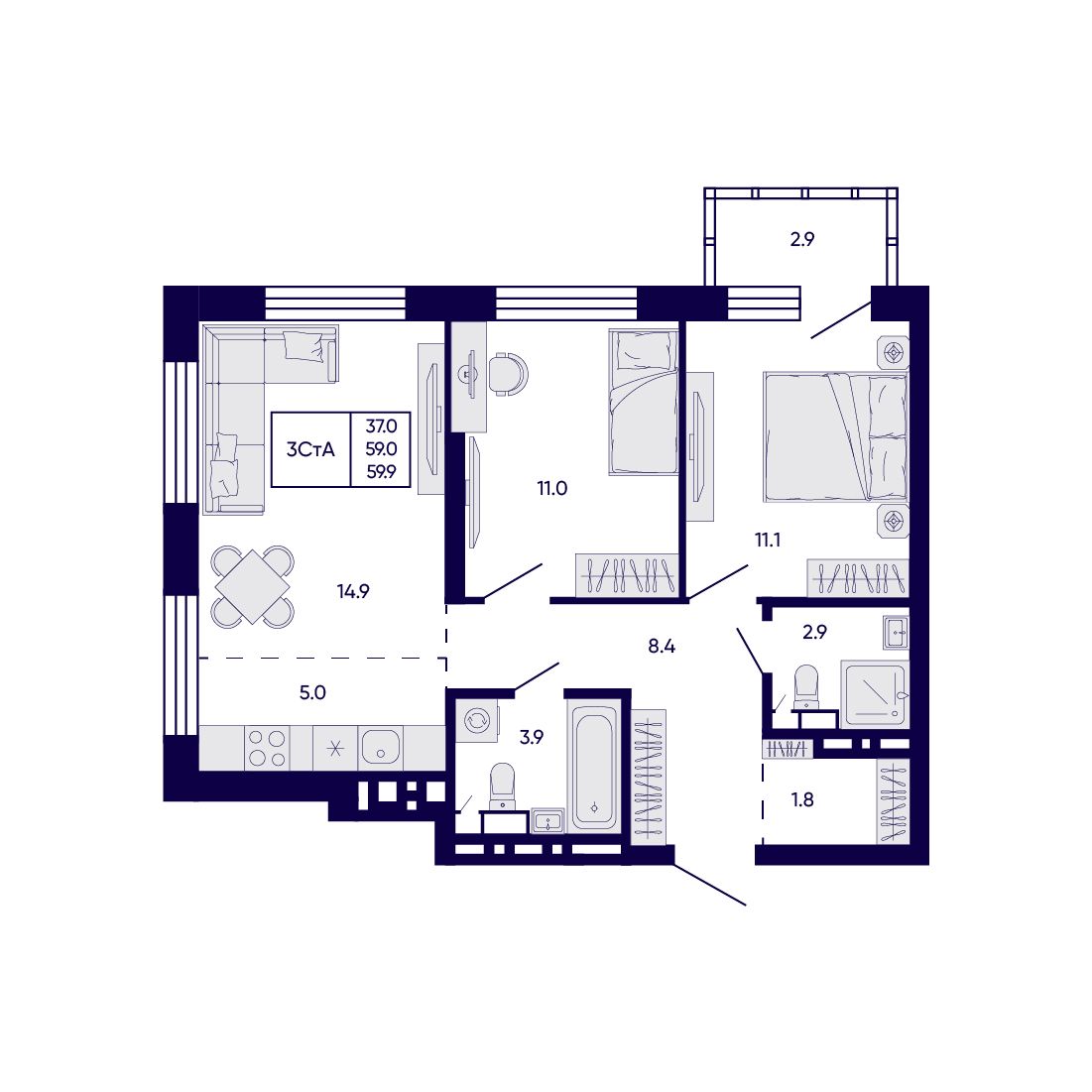 3-комнатная, 59.9 м², № 164 в Citatum (Цитатум)
