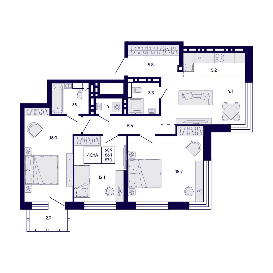 4-комнатная, 87 м², № 178 в Citatum (Цитатум)
