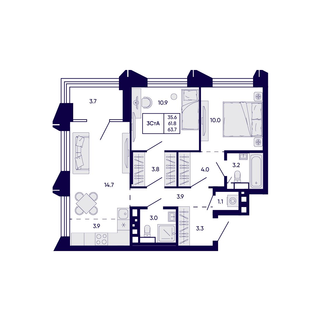 3-комнатная, 63.7 м², № 195 в Citatum (Цитатум)