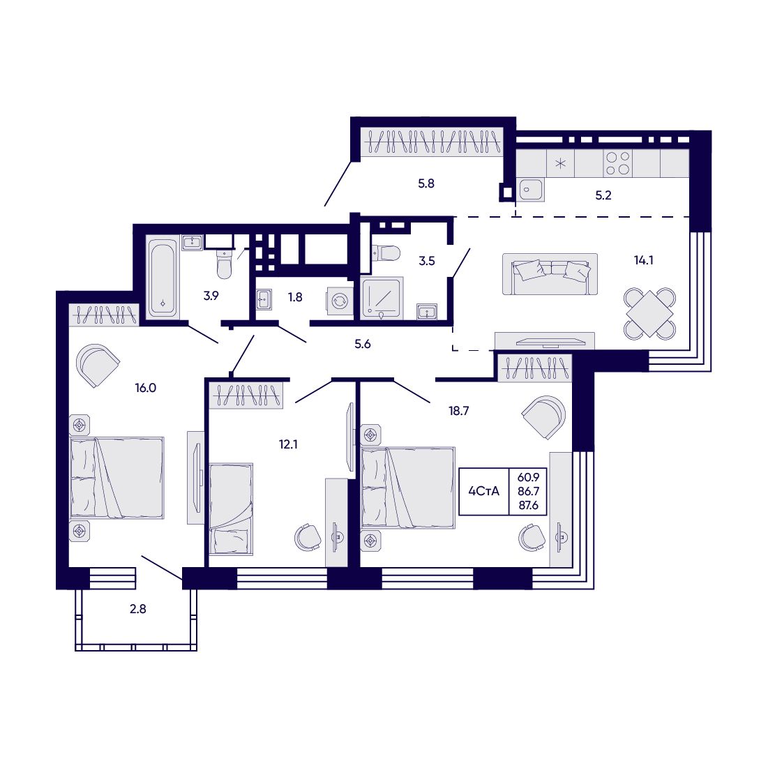 4-комнатная, 87.6 м², № 16 в Citatum (Цитатум)