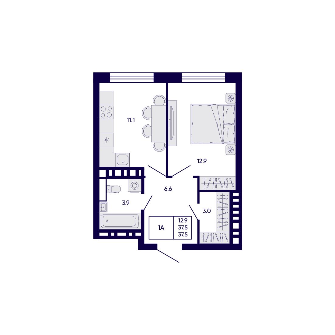 1-комнатная, 37.5 м², № 183 в Citatum (Цитатум)