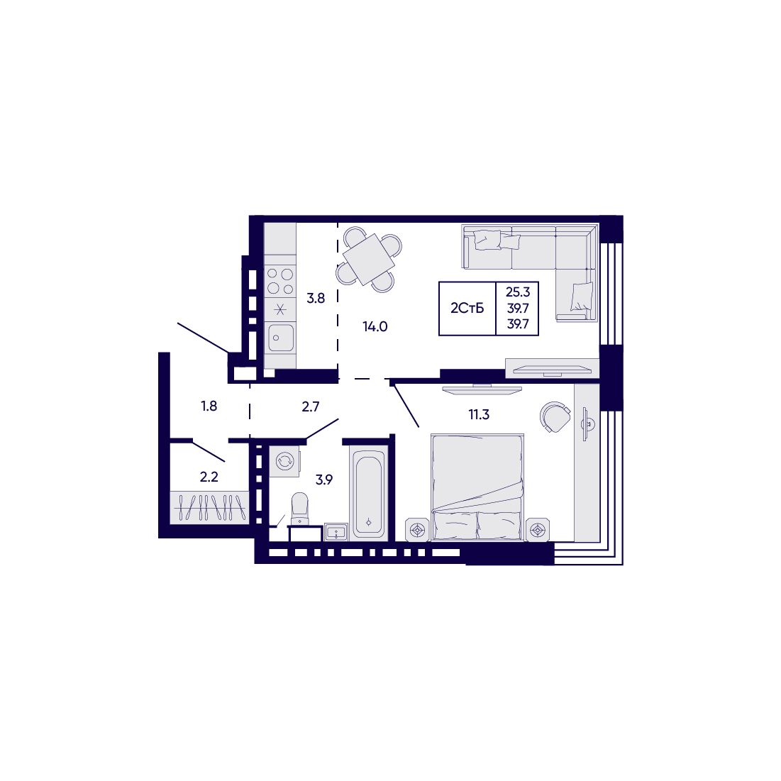2-комнатная, 39.7 м², № 114 в Citatum (Цитатум)