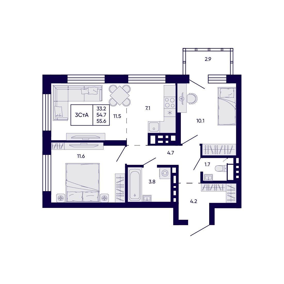 3-комнатная, 55.6 м², № 380 в Citatum (Цитатум)