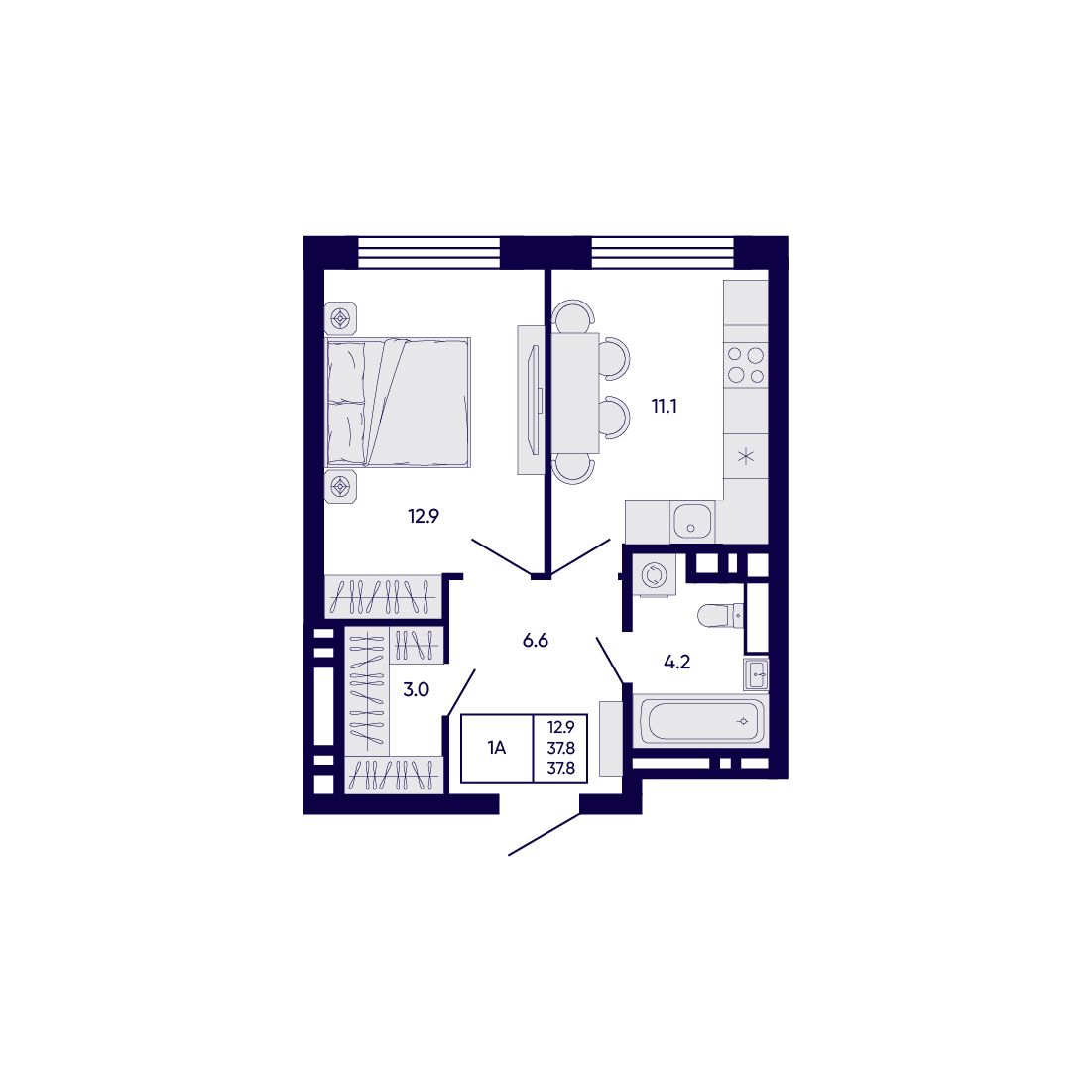 1-комнатная, 37.8 м², № 328 в Citatum (Цитатум)