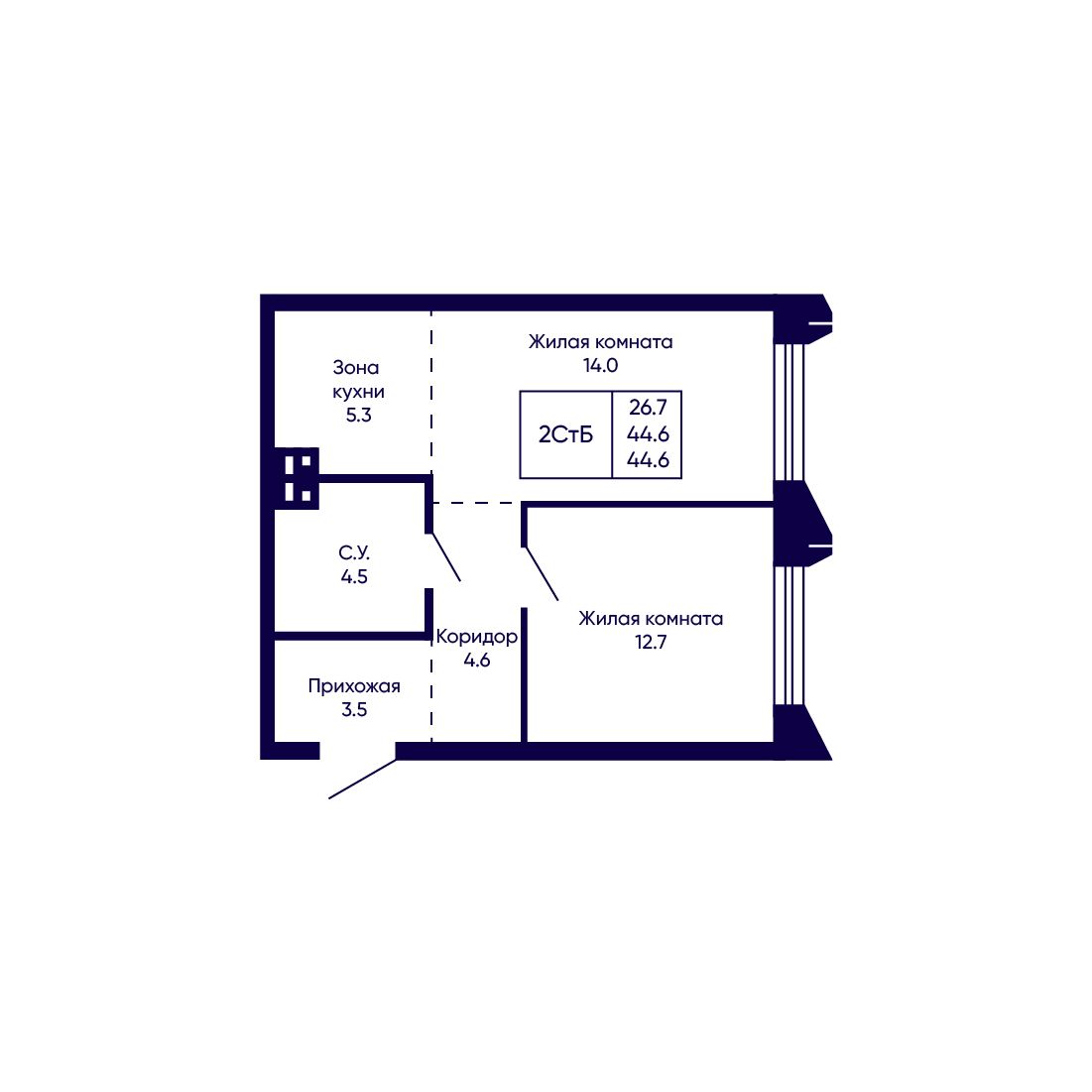 2-комнатная, 44.6 м², № 219 в Citatum (Цитатум)